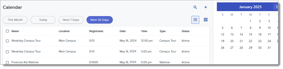 Sample Events Calendar