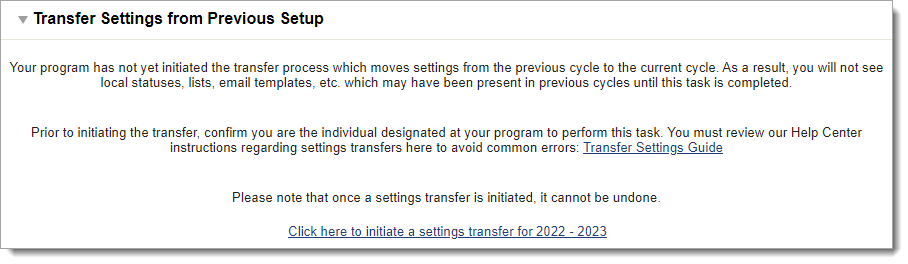Click the link to initiate a transfer settings for a new cycle