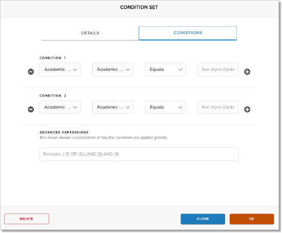 condition set criteria screen