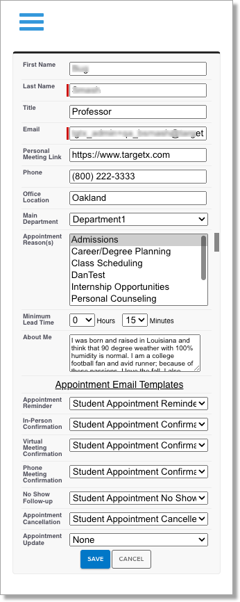 Staff profile screen