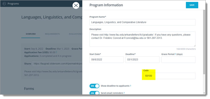 Code is listed in Program Information in SlideRoom