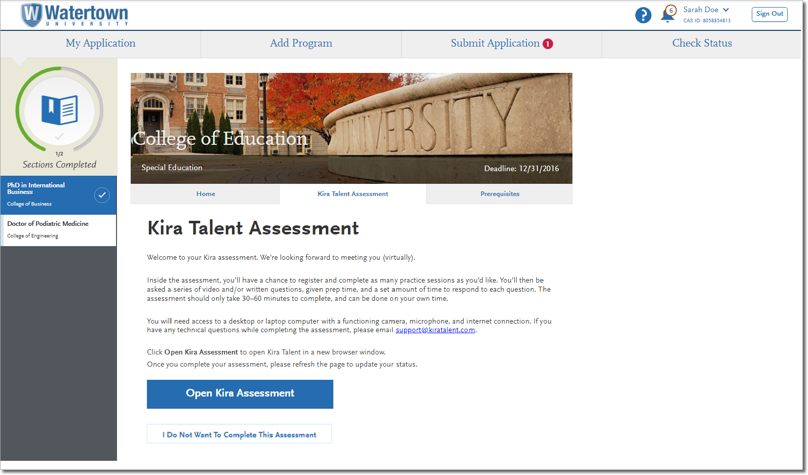 Kira Assessment Applicant Portal happy path with opt out option.png