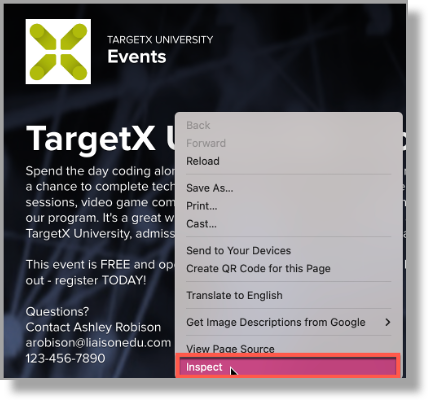 TargetX console inspect option