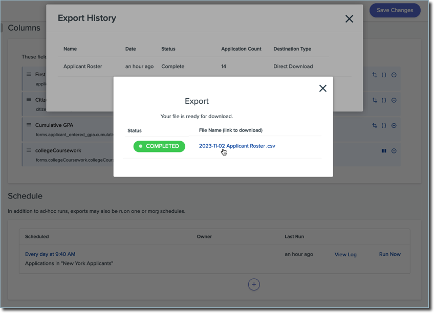 Outcomes Export History Direct Download