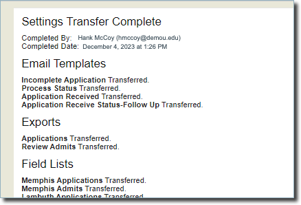 Transfer Settings Report