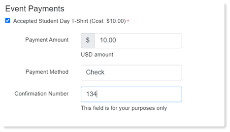 Event payment box on the student registration page.