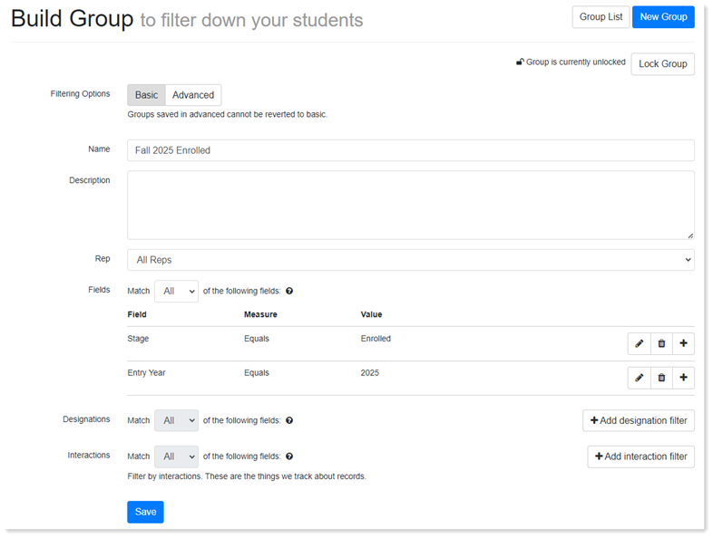 Group Builder with fields selected corresponding to the example.