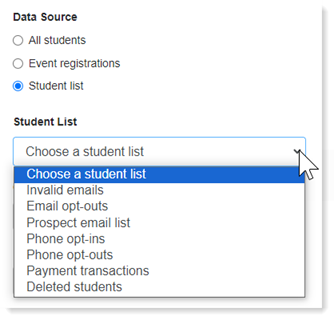 Drop down menu showing the options for exporting a student list.