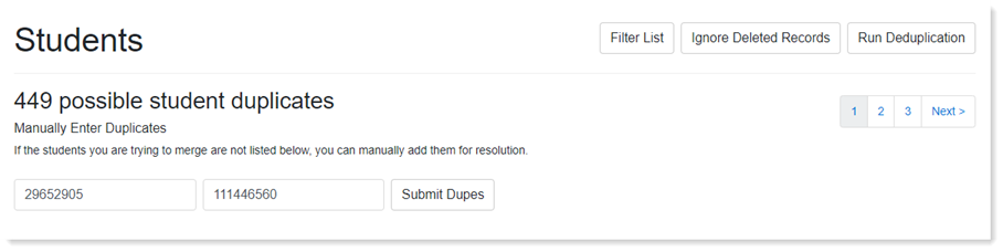 Two numbers are added in the prompts next to the Submit Dupes button demonstrating manual deduplication.