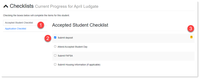 Checklist Section on the Student Record Page.
