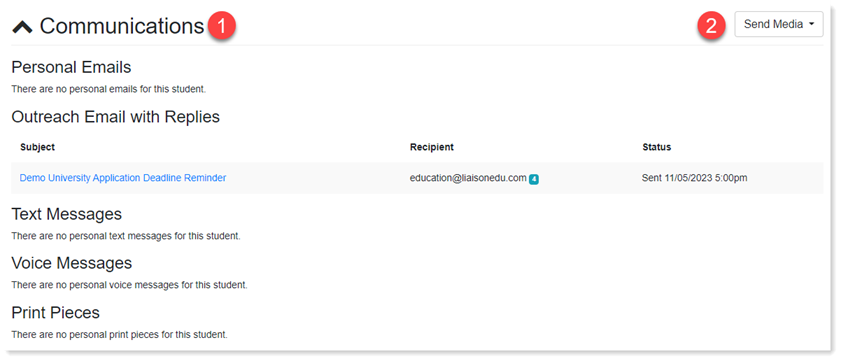 Communication Section of the Student Record Page.