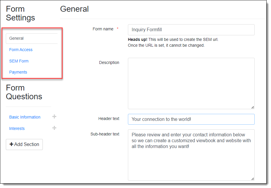 SEM Form Settings.