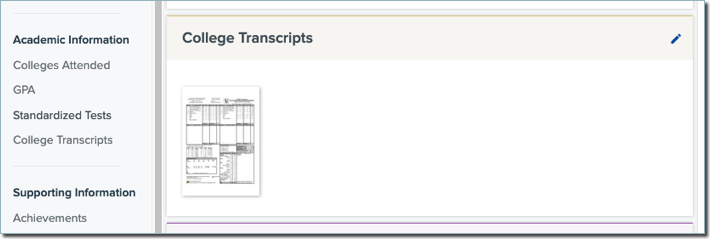 College Transcripts panel in Outcomes