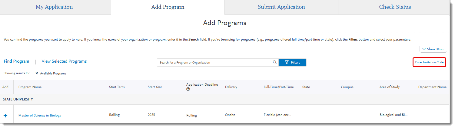 CAS App Portal Invitation Codes Add Program Mar 2025.png