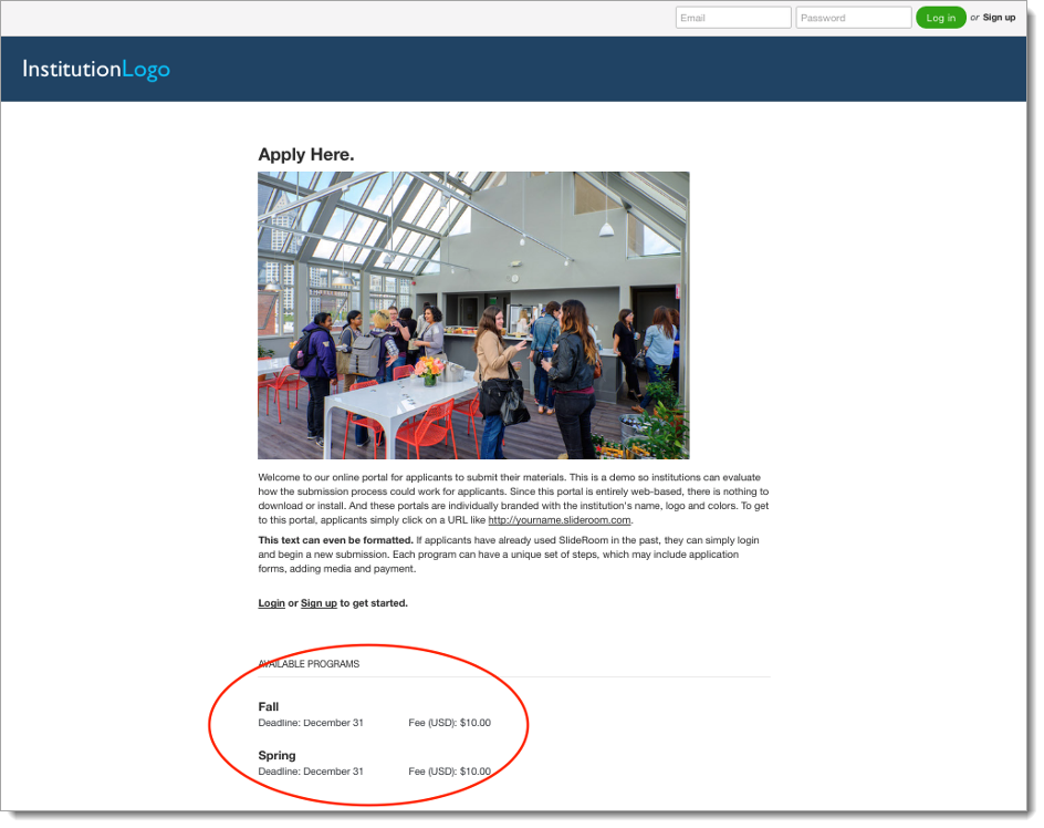 SlideRoom applicant portal homepage showing program deadlines