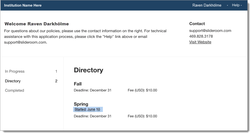 SlideRoom applicant portal program directory 