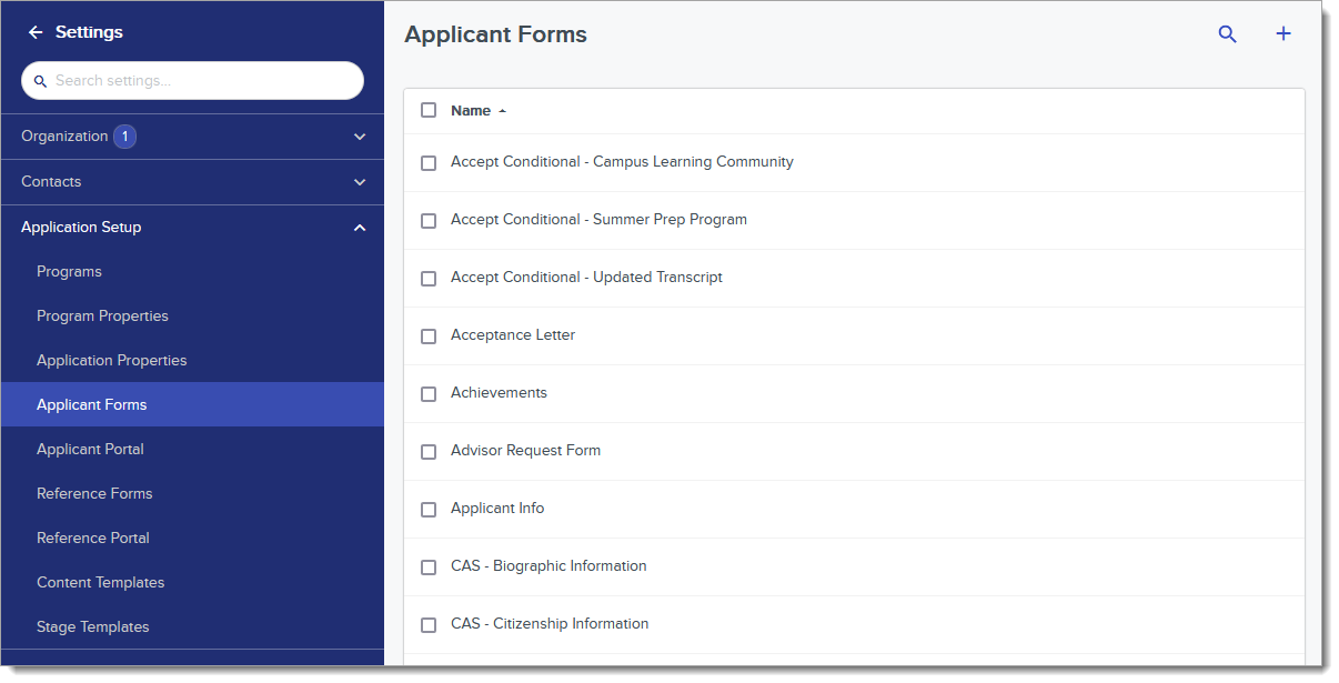 Applicant Forms page