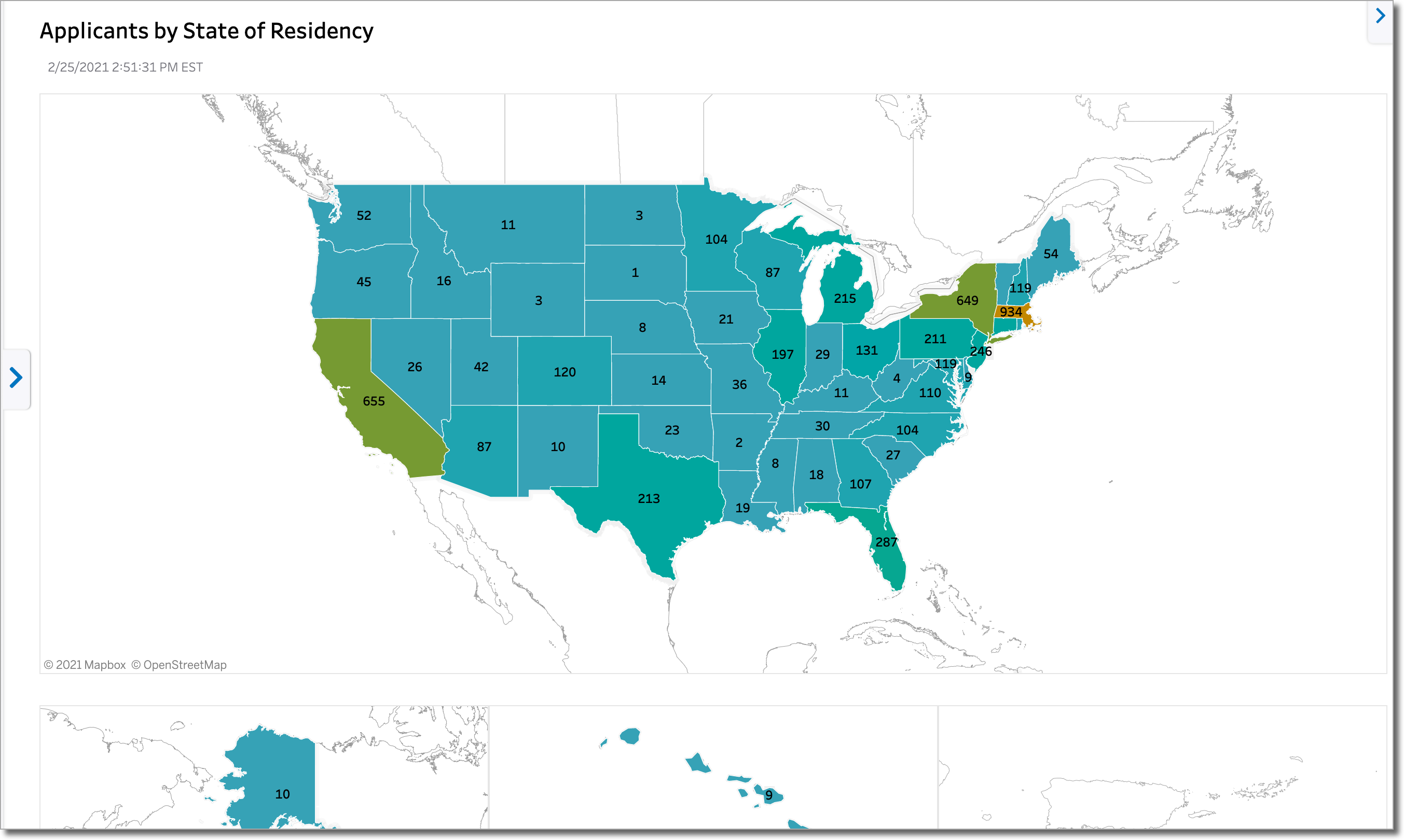 Example of an Applicants by State of Residency dashboard showing a color-coded map of the United States and the number of applicants per state