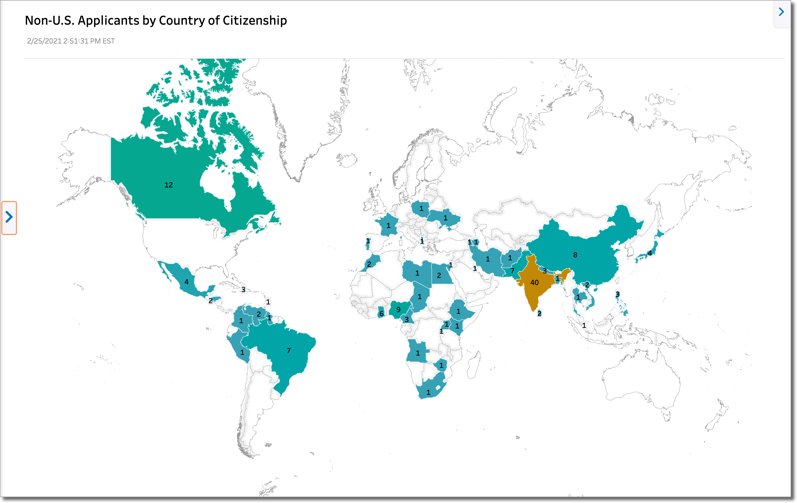 Example of a Non-US Applicants by Country of Citizenship dashboard showing a color-coded map of the world and the number of applicants per country