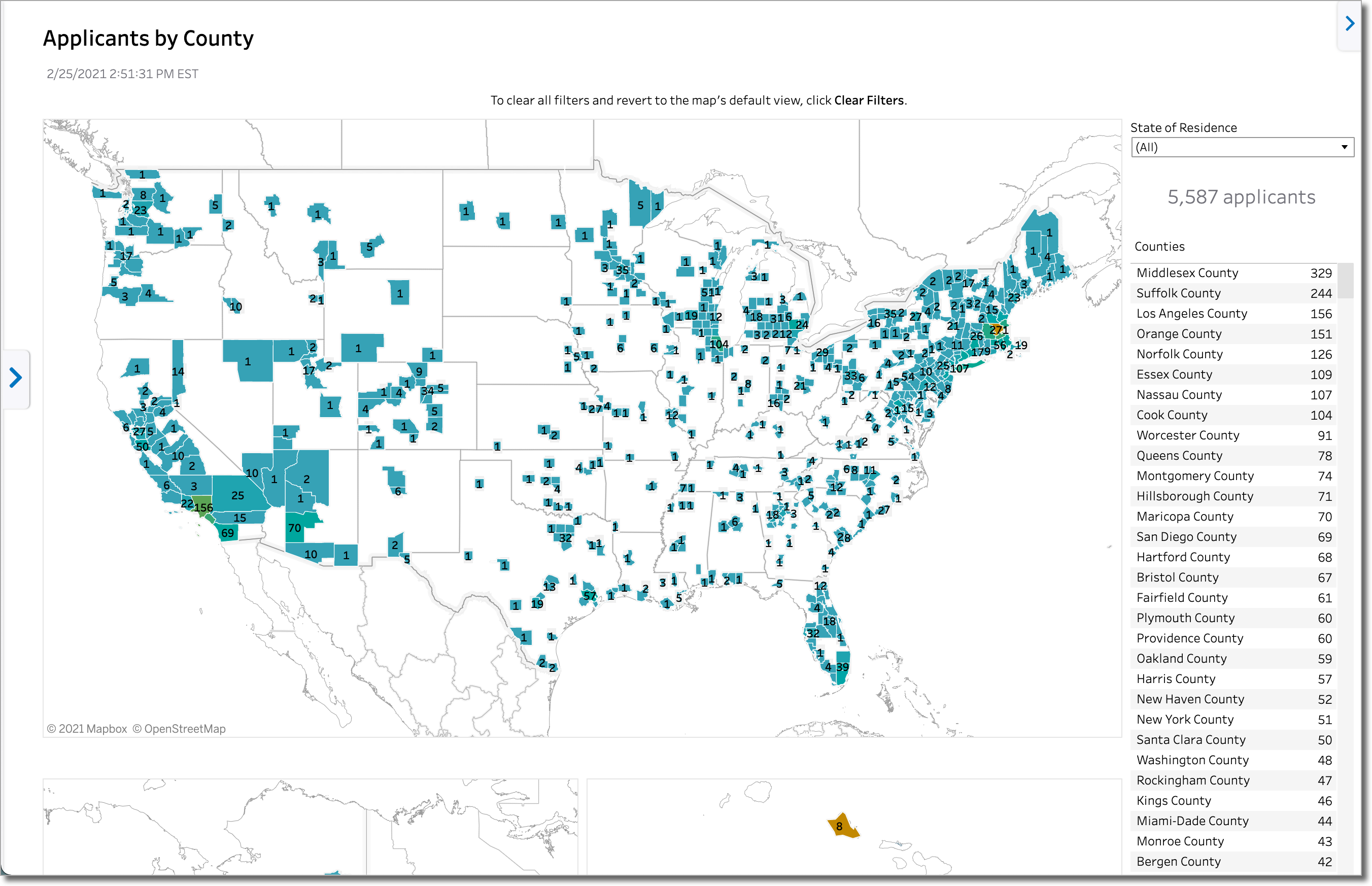 Example of an Applicants by Country dashboard showing a color-coded map of the United States and the number of applicants per county