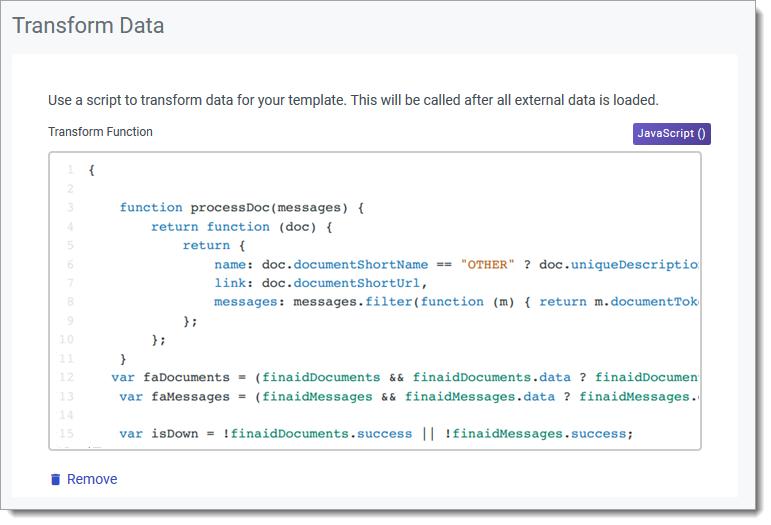 Example of a transform data content template