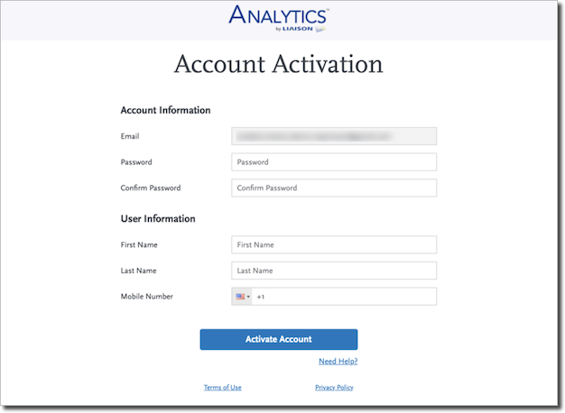 The Analytics by Liaison account activation fields