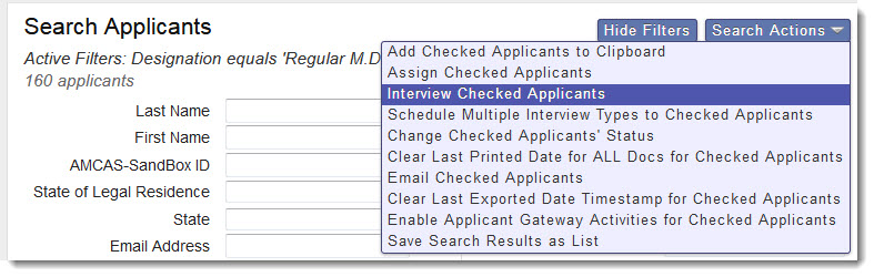 Selecting a batch interview from the actions menu