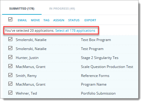 Applicant grid that extends past one page and points out where you can select all of the applicants not on the page