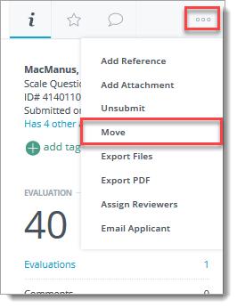 More options icon with the move application button to move an applicant to another program for consideration