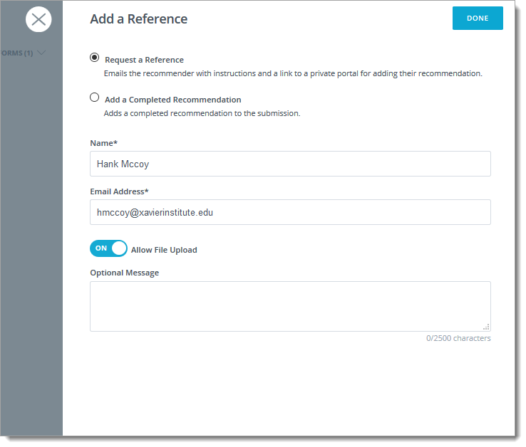 Request a reference page to add reference contact information