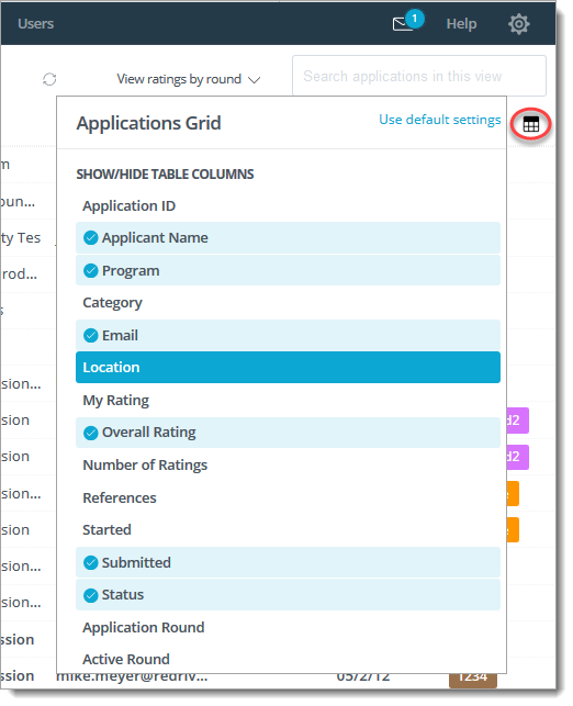 Applicant grid column selector to choose the column headers you want to appear