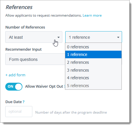 Prompts to configure the number of references and types of questions for the program on the application