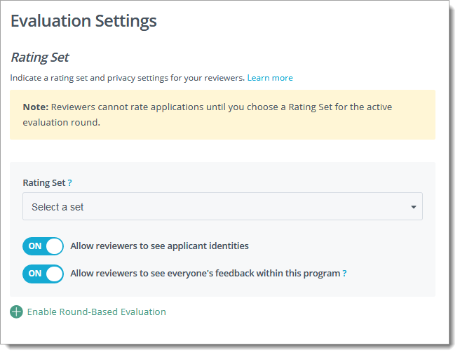 Rating set options for the Evaluation Settings configuration