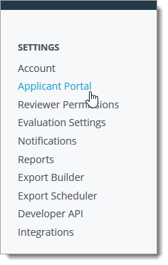 Applicant portal settings menu 