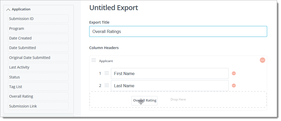 Configure export builder by dragging fields from the left to the Column Headers area on the right