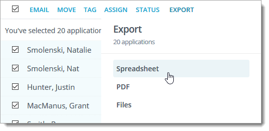 Select spreadsheet in the export