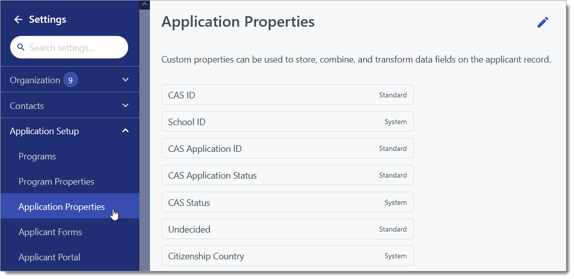 The Application Properties menu
