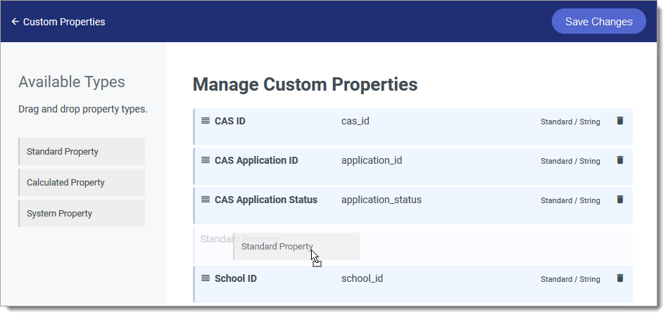 Drag and drop Custom Properties into place